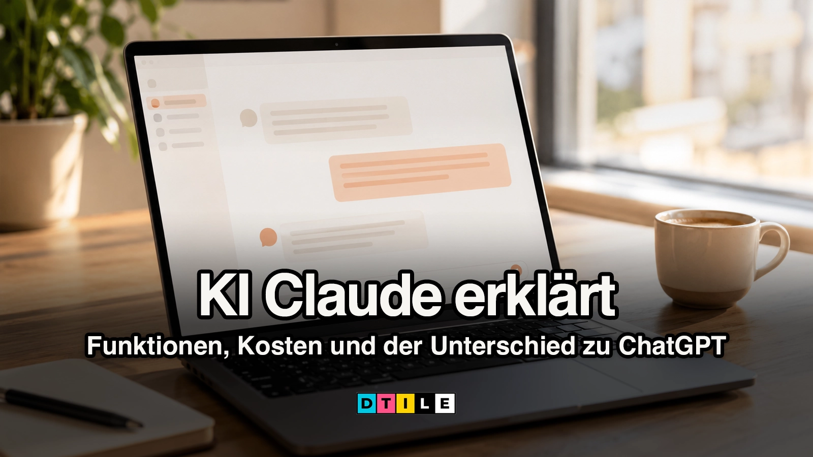 Laptop mit einer KI-Chat-Oberfläche in warmen Farbtönen auf einem Schreibtisch als Symbol für den KI-Assistenten Claude