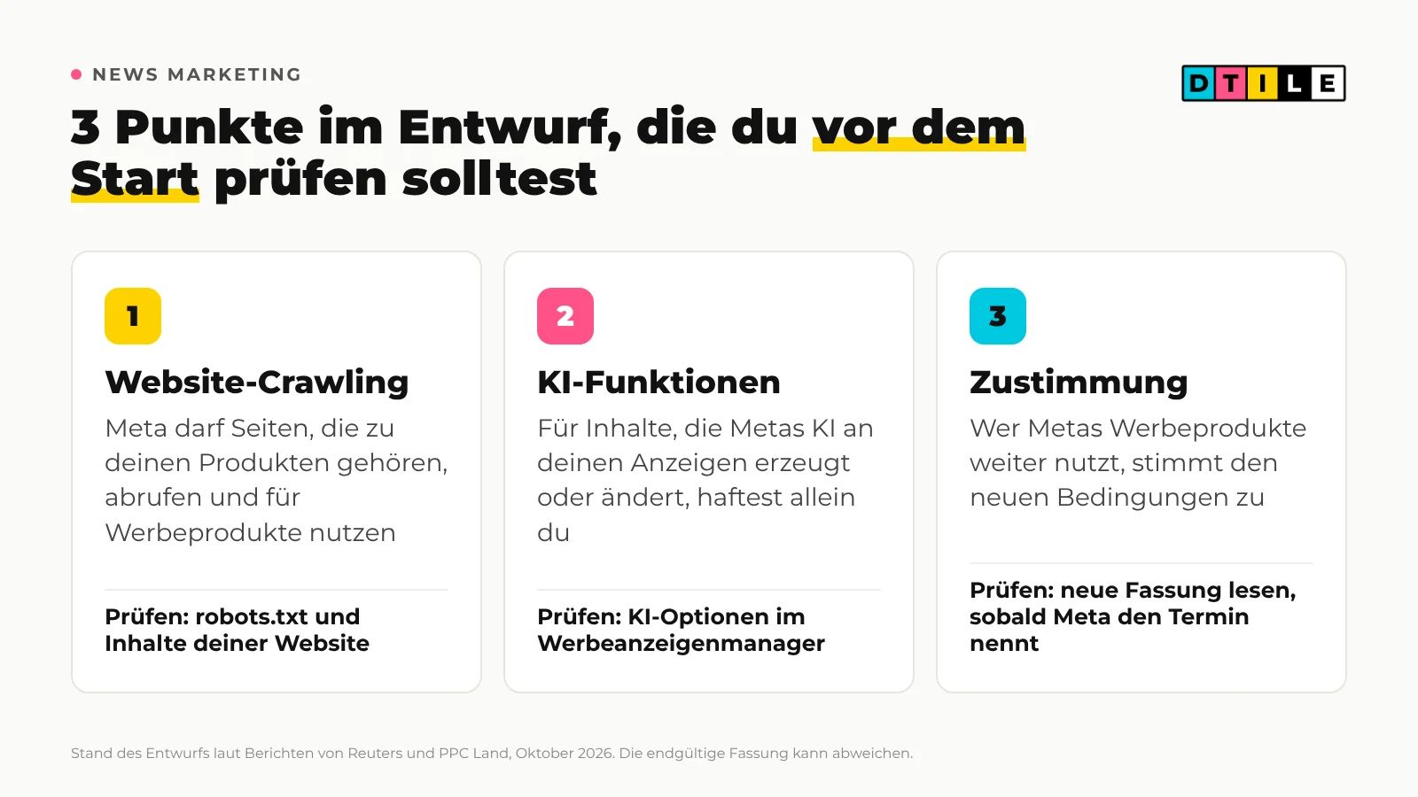 Grafik: 3 Punkte im Entwurf der Meta-Bedingungen, Website-Crawling, KI-Funktionen und Zustimmung durch Weiternutzung, jeweils mit Prüfhinweis