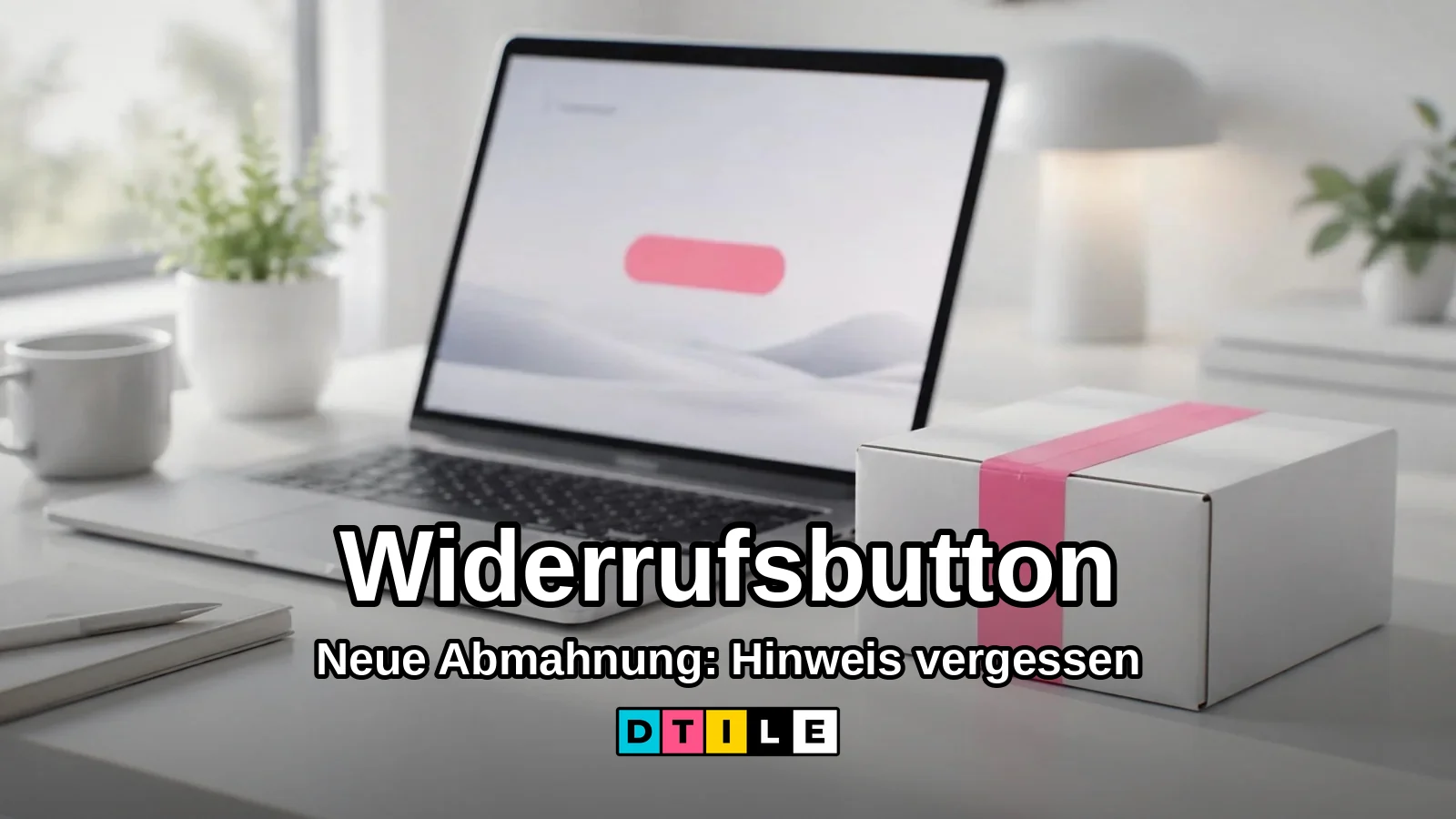 Heller Schreibtisch mit Laptop und weißem Paket mit pinkem Klebeband, Titelbild zur News über die Abmahnung zum Widerrufsbutton